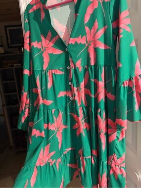 Green and Pink Floral Tiered Button-Front Dress